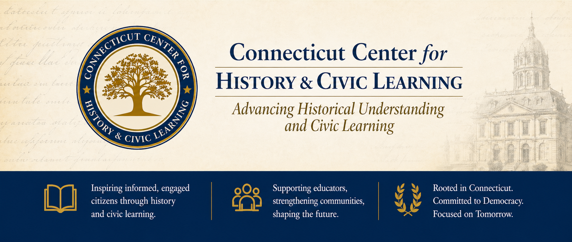 Connecticut Center for History & Civic Learning hero banner with mission statements